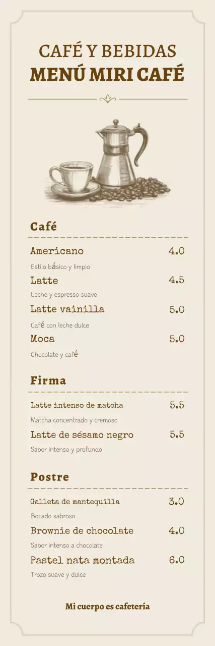 Menú de cafetería limpio de color beige en pizarra, promoción de menú