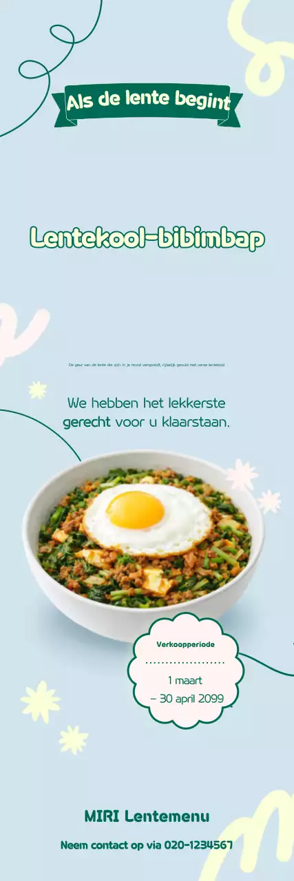 Het menu met hemelsblauwe, frisse bibimbap van lentekool promoten.