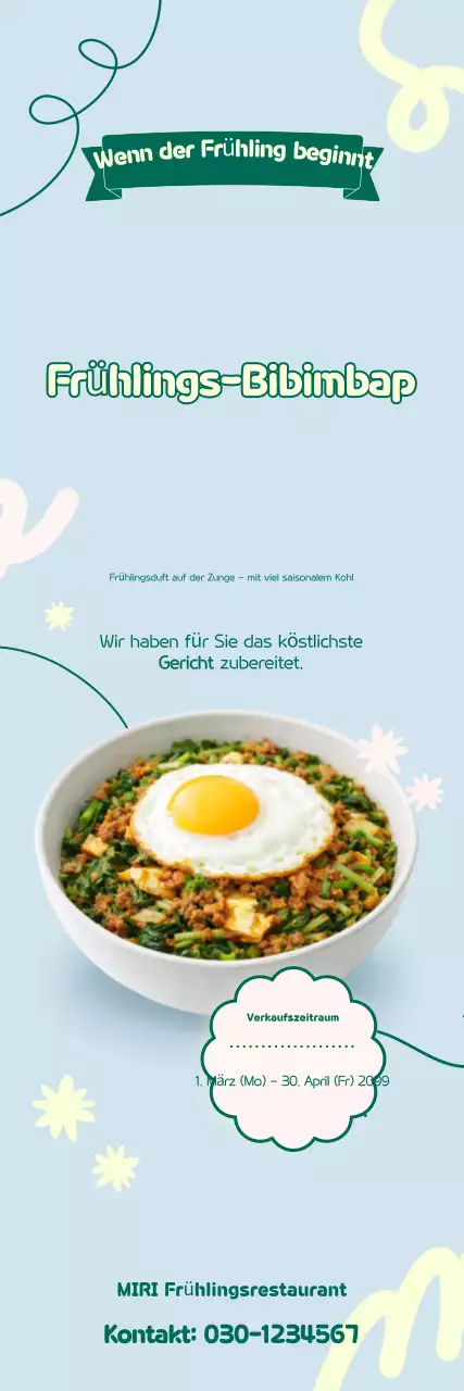 Werbung für das himmelblaue, appetitliche Bibimbap-Menü mit Frühlingskohl.