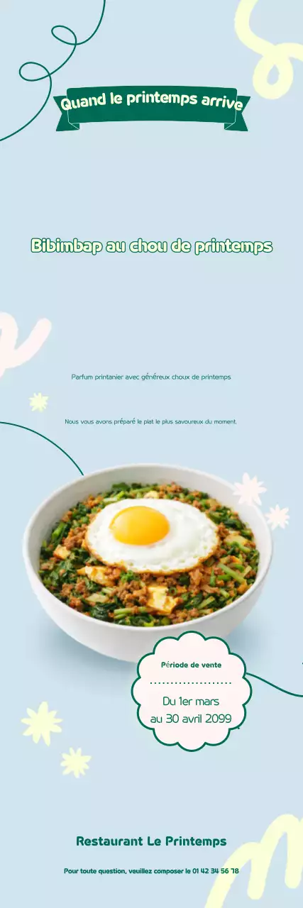 Promotion du menu bibimbap au chou printanier bleu ciel et soigné