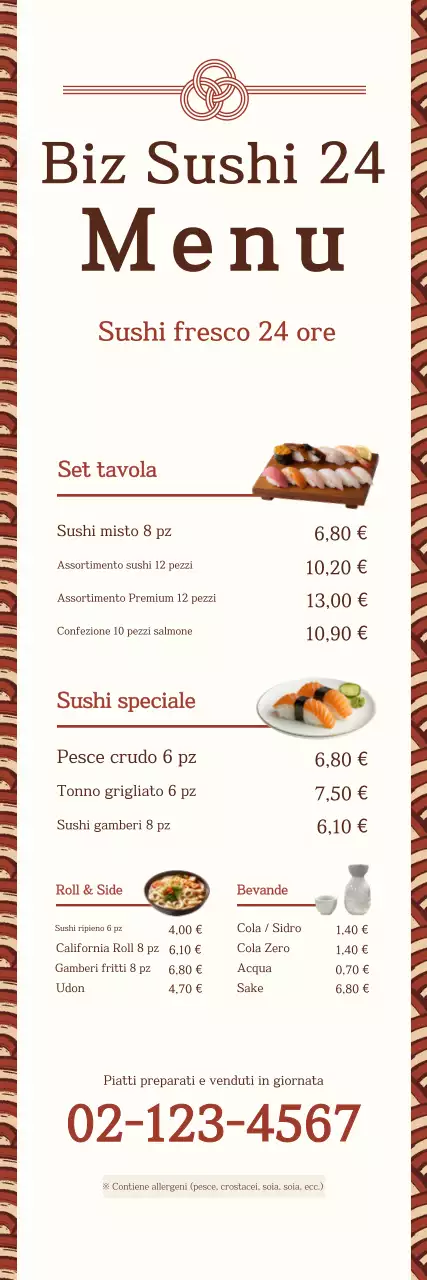 Promozione di un elegante menù di sushi color beige.