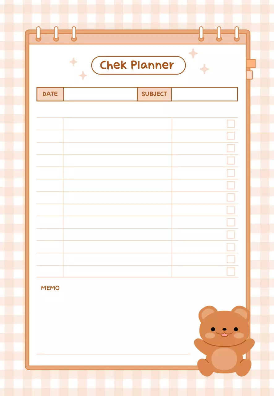 베이지 아기자기한 곰돌이 체크 플래너