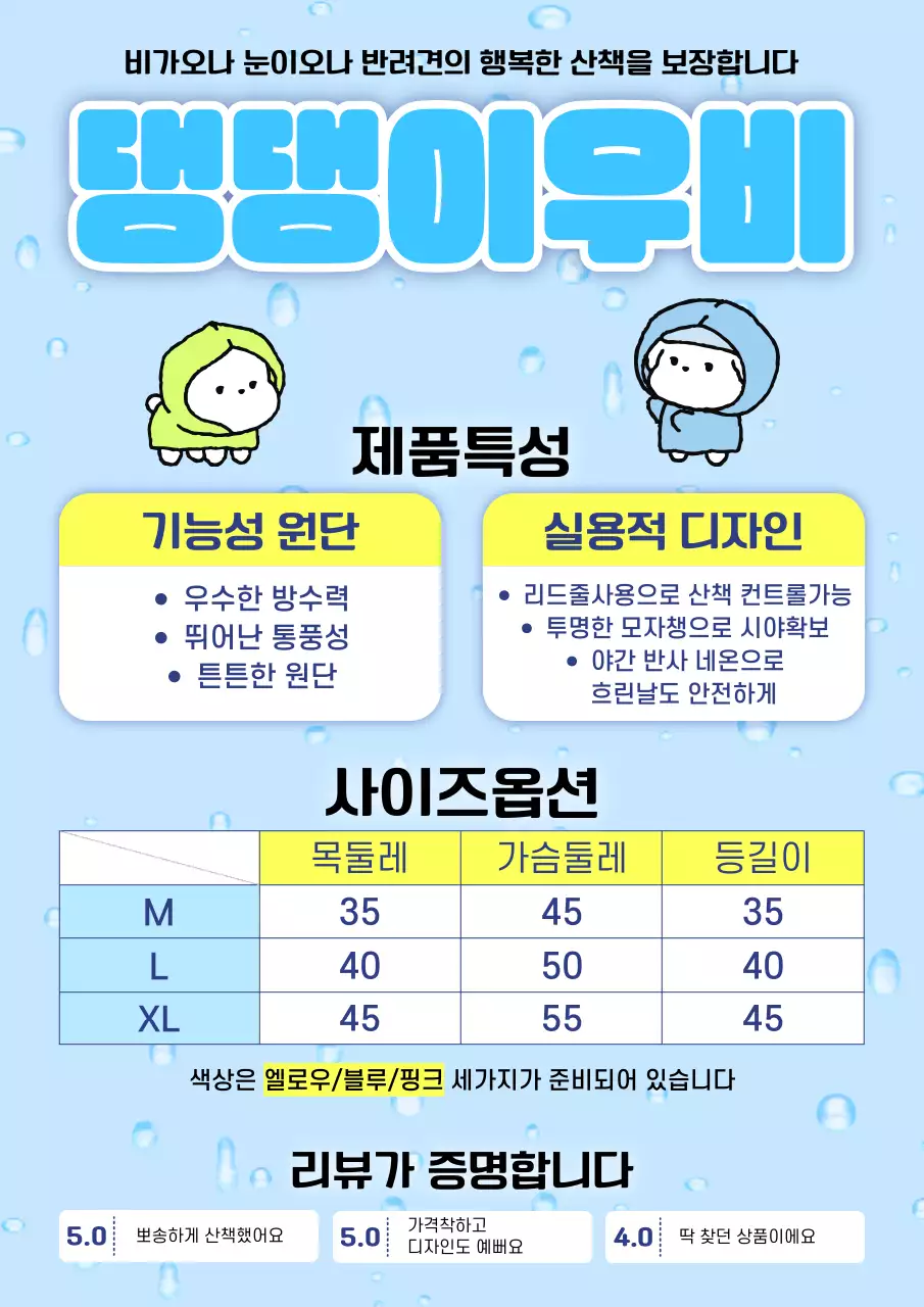 하늘색 깔끔 기능성 강아지 우비 제품 홍보