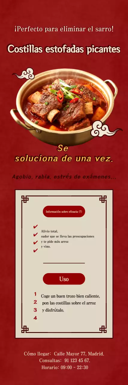 Promoción de costillas estofadas rojas, frescas y picantes.