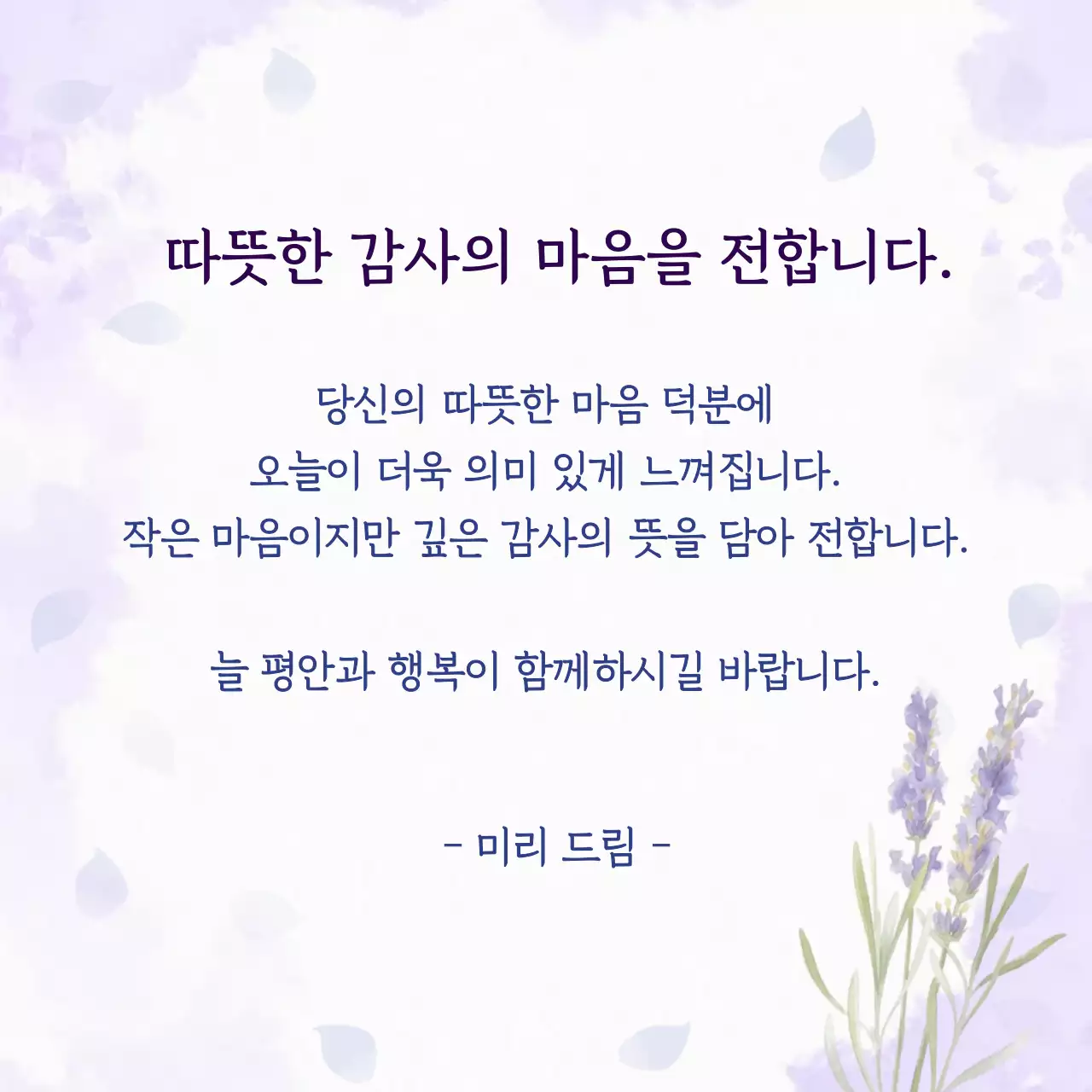 연보라 수채화 꽃 감사 카드 따뜻한 감사의 마음을 전합니다 심플 감성 인사 카드