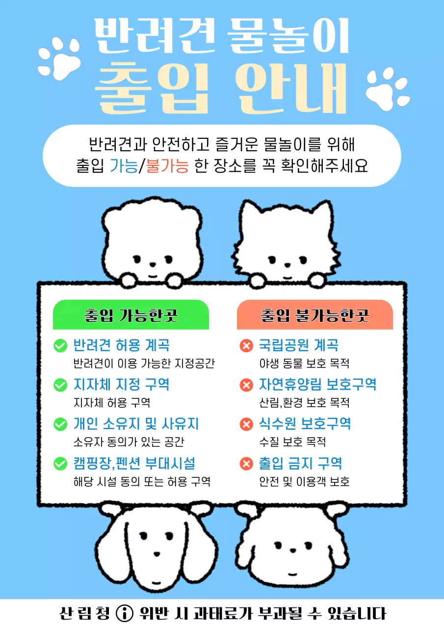 파랑 깔끔 반려견 물놀이 출입 안내