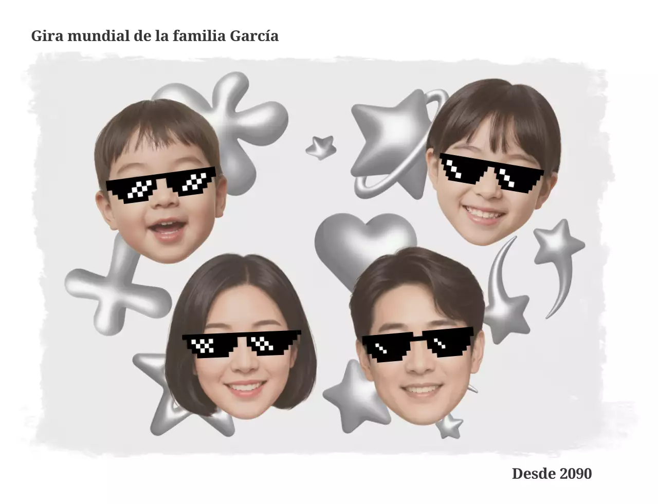 Promoción de viaje familiar en blanco y negro.