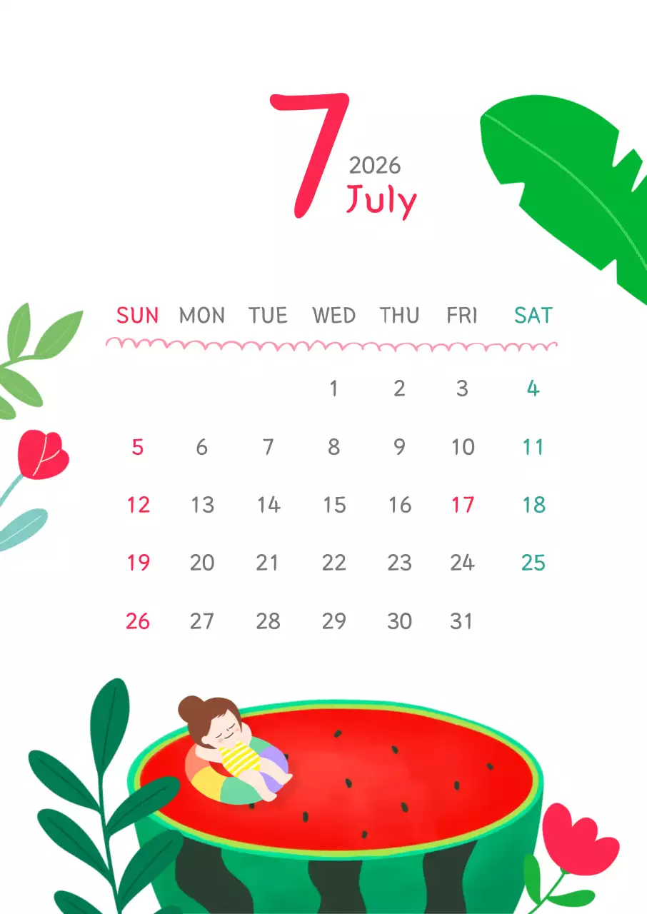 빨강 심플 7월 달력 안내