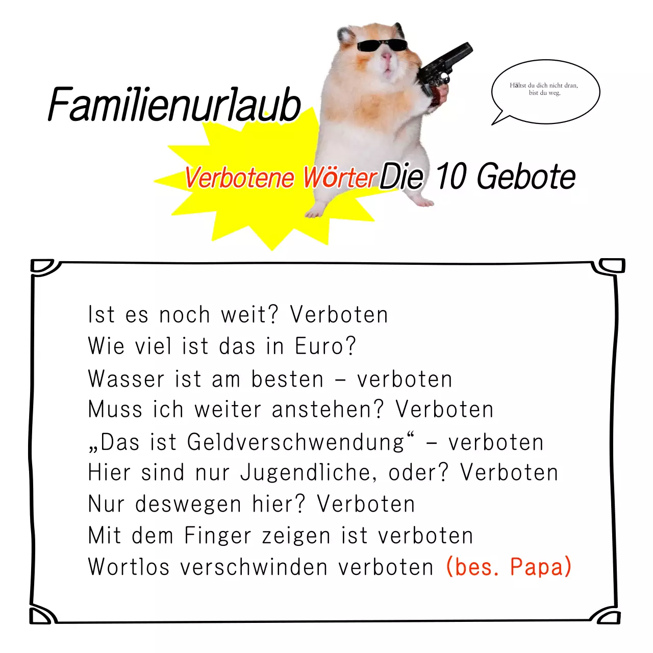 Leitfaden für verbotene Wörter zum einfachen Familienausflug mit Gelb