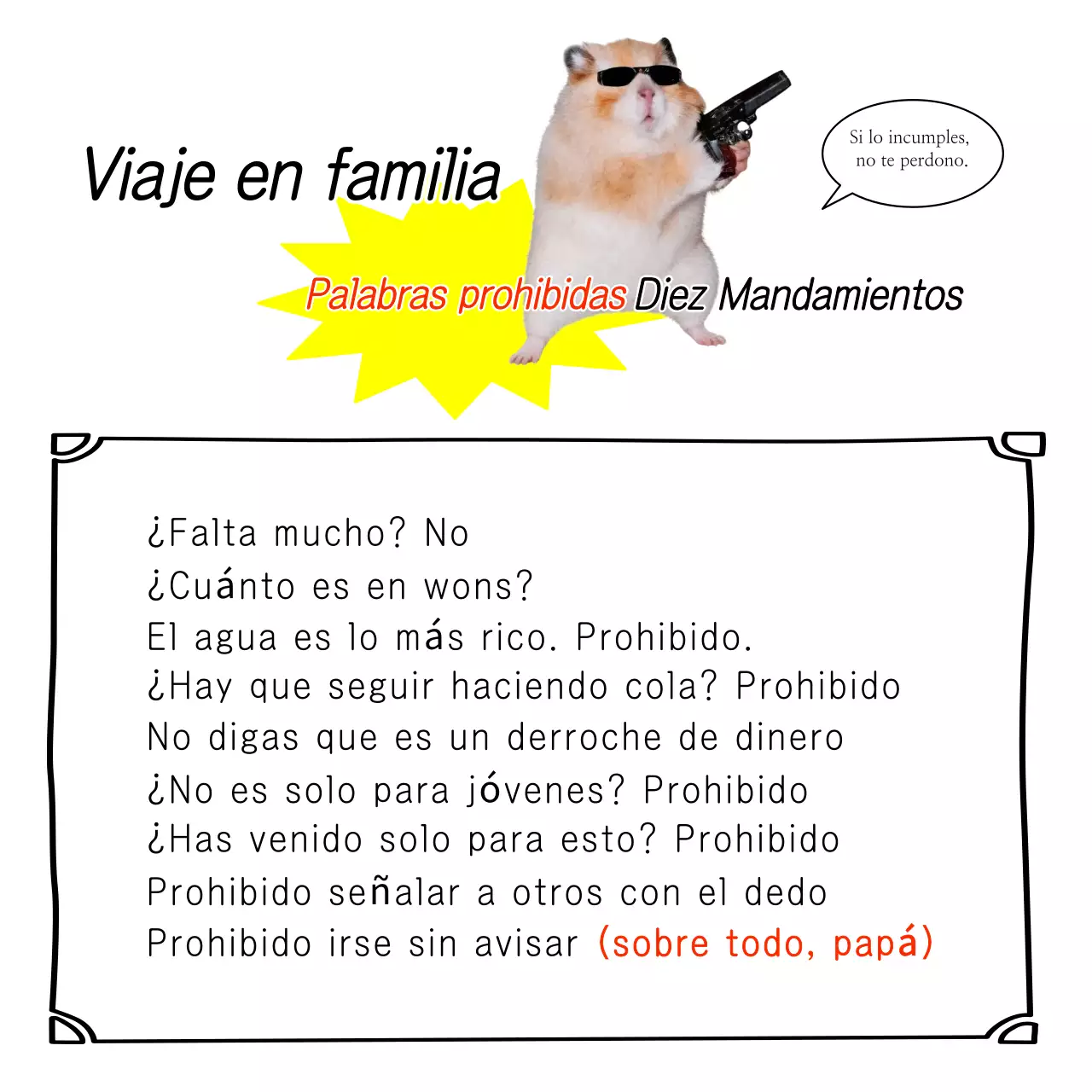 Guía de palabras prohibidas para un viaje familiar sencillo en color amarillo