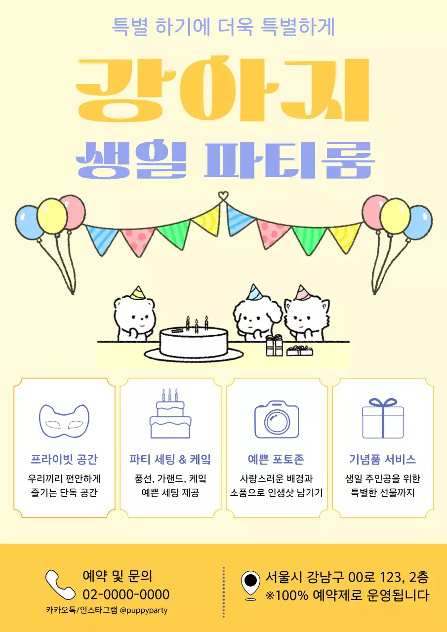 노란색 심플 강아지 생일 파티룸 안내