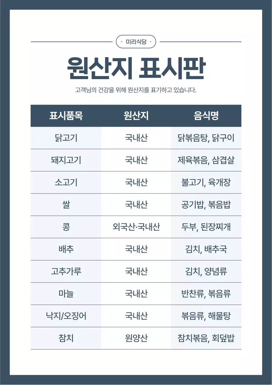 파랑 깔끔 원산지 표시판 안내