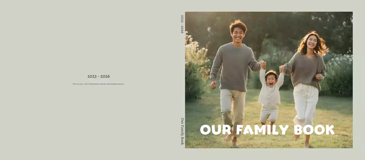 Álbum de fotos familiar bege elegante com moldura.
