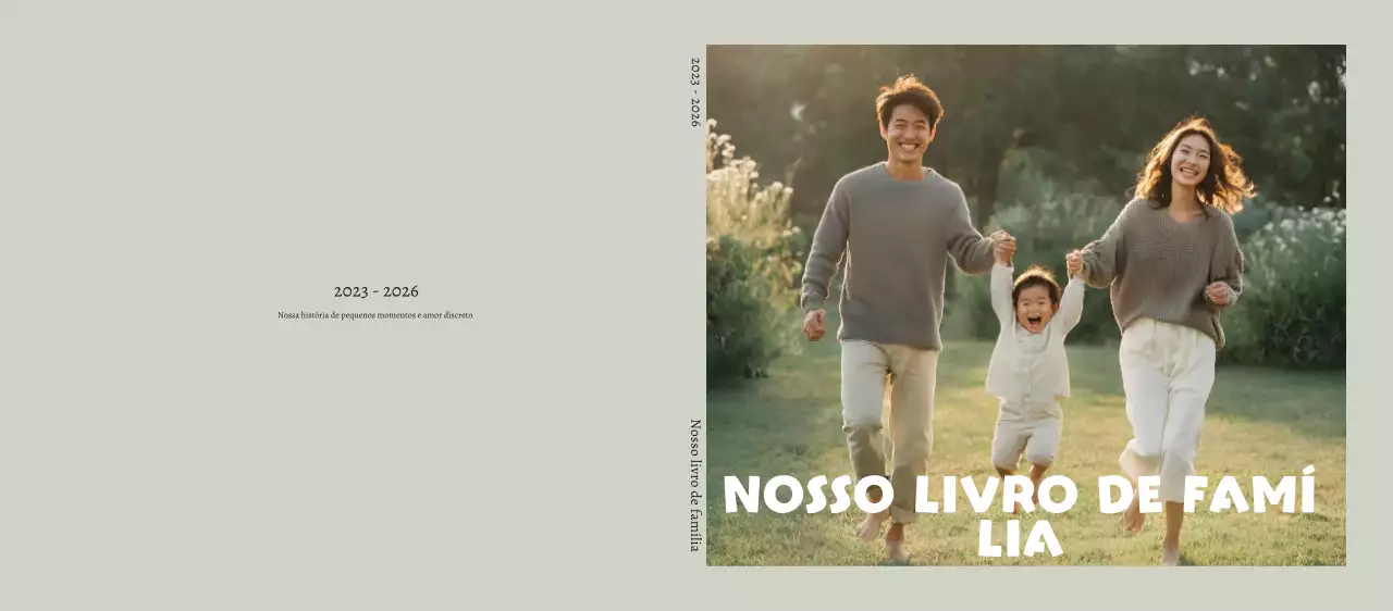 Álbum de fotos familiar bege elegante com moldura.