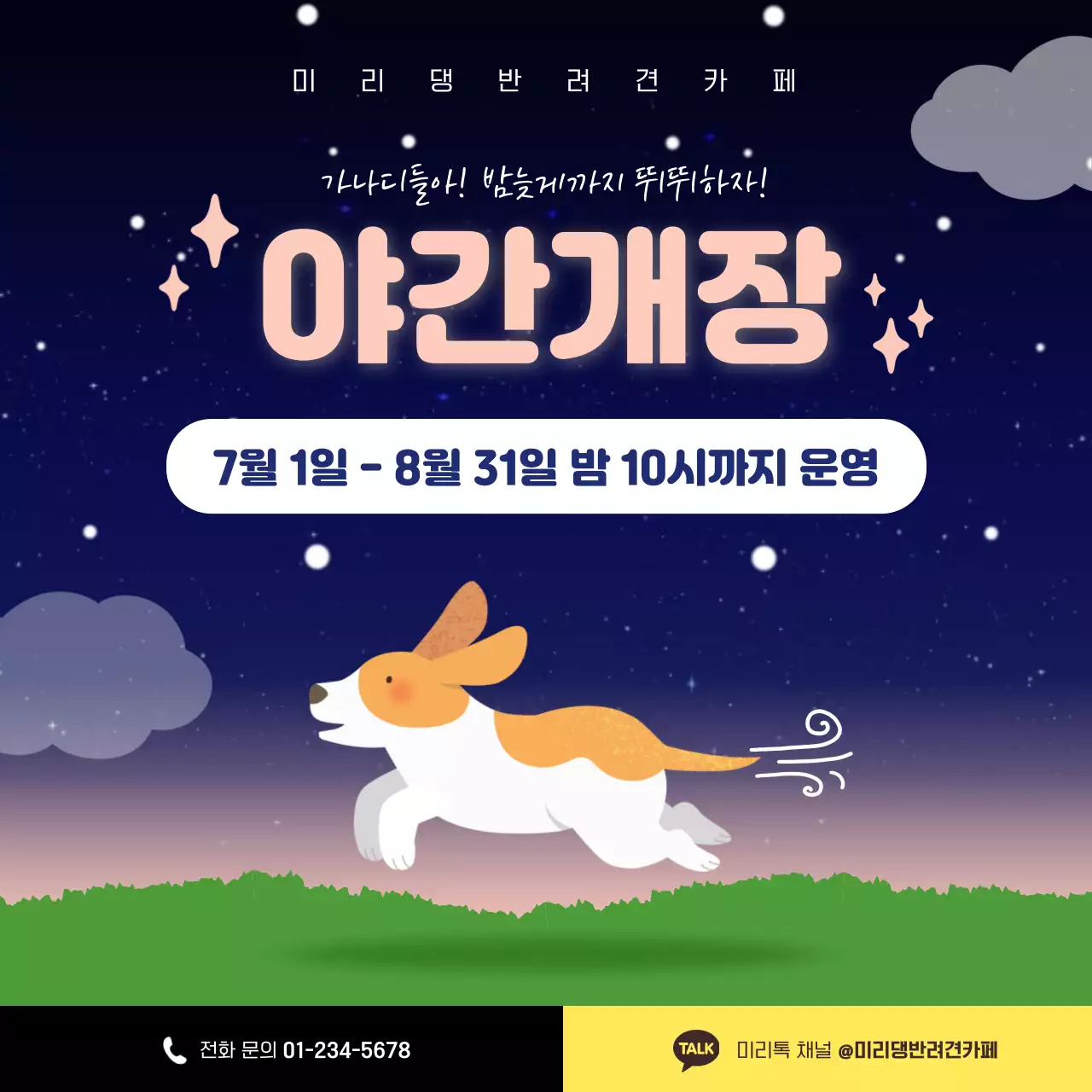 남색 분홍색 아기자기한 반려견 카페 야간개장 안내
