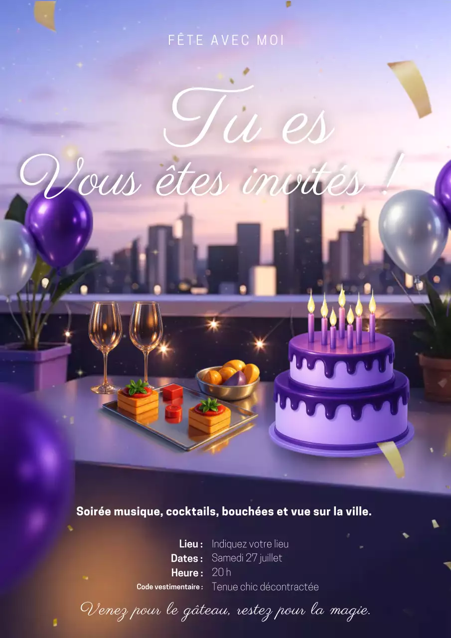 Affiche d'invitation à une fête élégante et violette